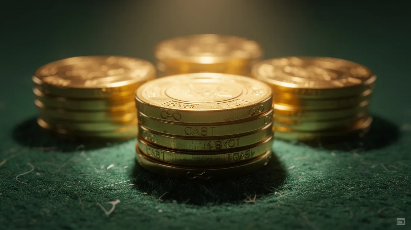 The image depicts a stack of golden casino chips neatly arranged on a vibrant green felt surface, evoking the atmosphere of live casino games. These chips symbolize the excitement of online gambling and the potential for generous bonuses and free spins at various casino sites.