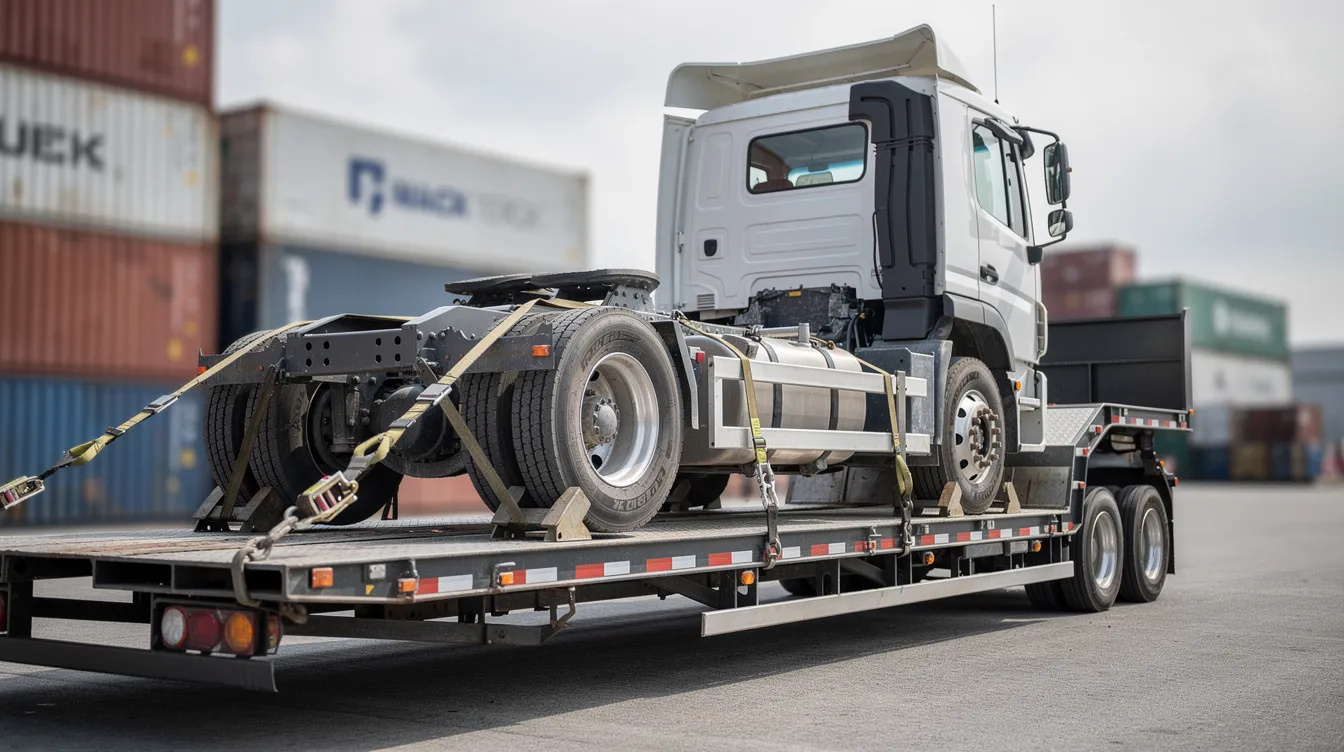 A heavy-duty commercial truck is securely positioned on a flatbed trailer, ready for transport. This setup emphasizes the importance of reliable truck shipping for freight shipments and highlights the efficiency of logistics in managing heavy equipment delivery.