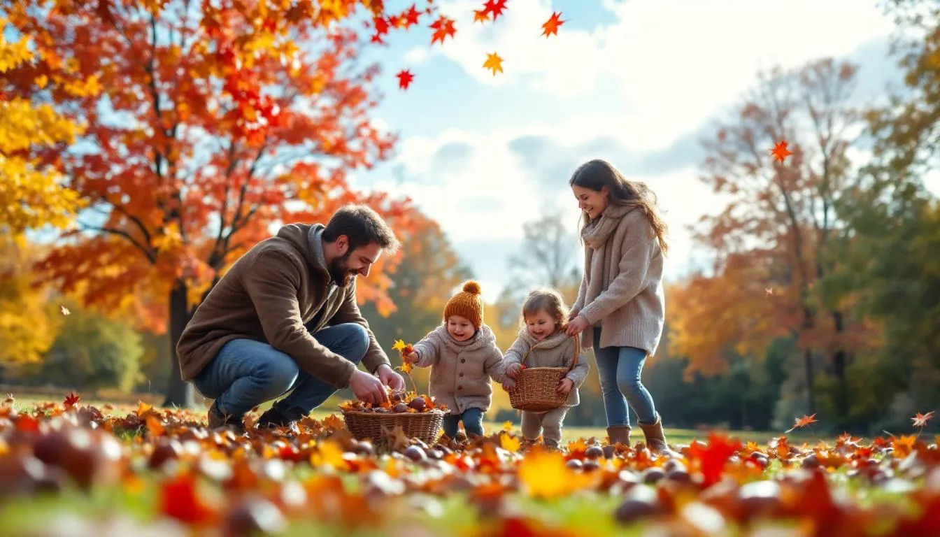 In einem sonnigen Park sammelt eine Familie bunte Herbstblätter und glänzende Kastanien, um ihre herbstliche Dekoration zu gestalten. Die Farben der Blätter reichen von leuchtendem Rot bis zu warmen Gelbtönen, während die Kinder fröhlich im Laub spielen.
