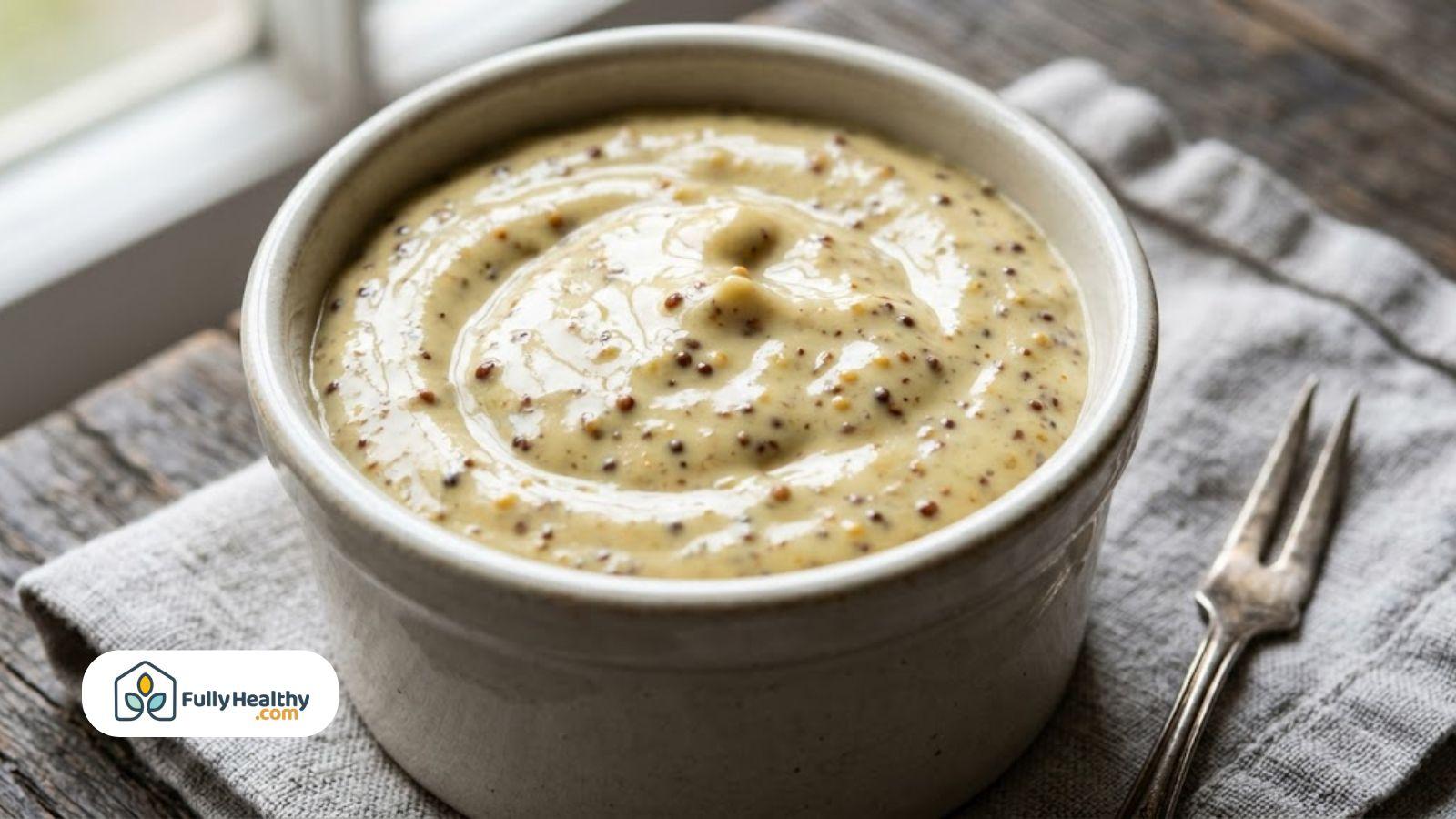 Creamy whole grain mustard in a ceramic bowl with visible mustard seeds.