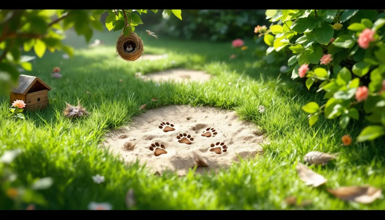 A collection of wildlife nests and tracks found in a backyard, showcasing signs of wildlife activity.