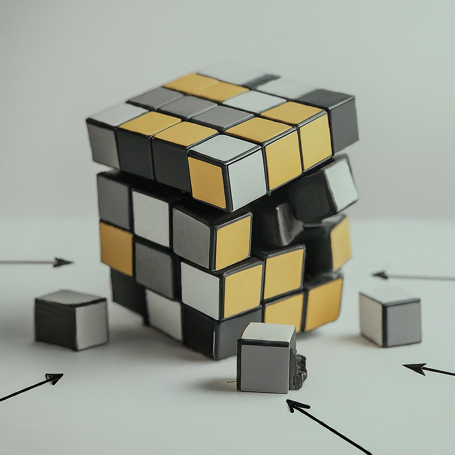 Disassembled Rubik's cube with scattered squares on white background represents overfitting in machine learning.