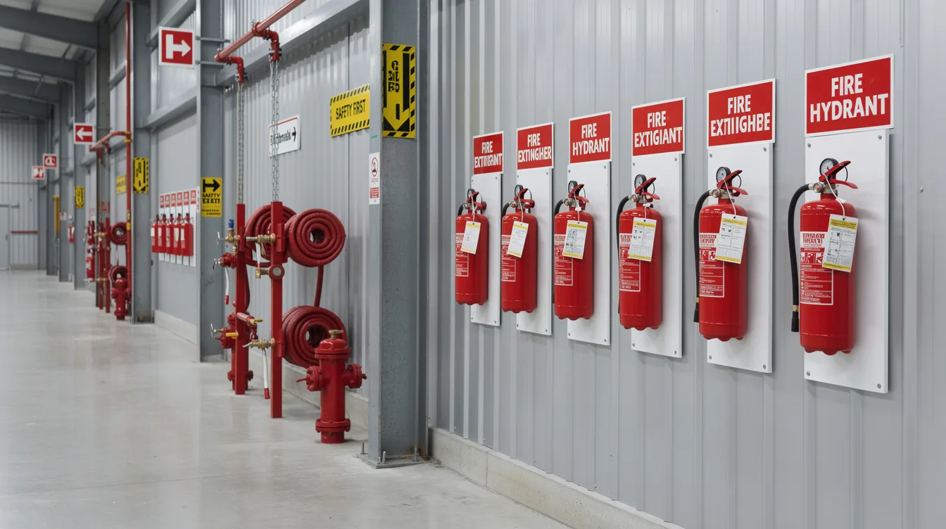 f7abe9c8 e607 4c03 9d7e 57f2b5e28f09 The image features industrial fire safety equipment, including bright red fire hydrant stations and fire extinguishers mounted on a factory wall, accompanied by safety signage, all set within a solvent extraction plant environment. This setup emphasizes the importance of fire safety in facilities involved in processes like oil extraction and edible oil production.