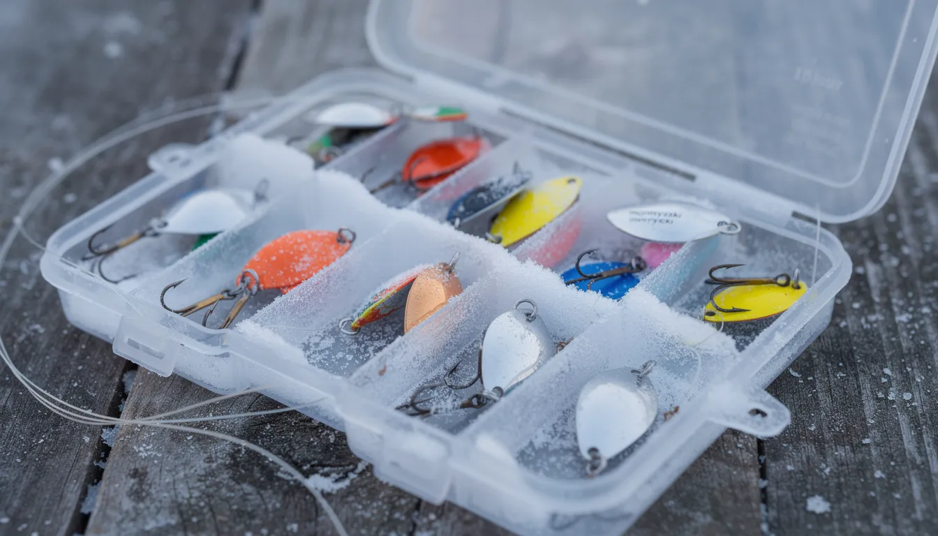 Zbliżenie na zimowy zestaw wędkarski, w skład którego wchodzą mormyszki i błystki podlodowe, idealne do łowienia ryb w okresie zimowym. Sprzęt ten jest niezbędny dla doświadczonych wędkarzy, którzy planują udany połów w zbiornikach wodnych, gdzie ryby biorą w styczniu.