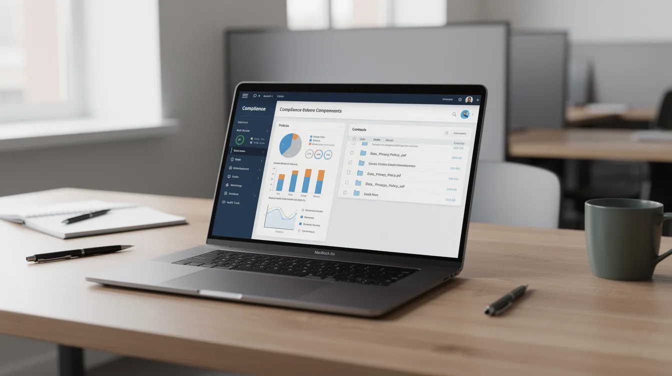 The image depicts an office environment featuring a laptop displaying a compliance dashboard alongside a document management interface. This setup highlights the integration of AI tools in data analytics, demonstrating how organizations leverage AI to enhance business outcomes and streamline routine tasks while maintaining the need for human oversight and critical thinking.