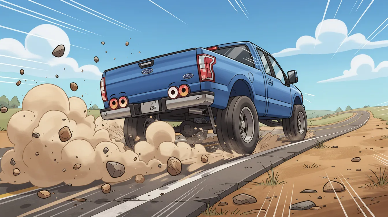 A cartoon-style illustration depicts a Ford pickup truck viewed from behind, driving recklessly on the right shoulder of a highway, kicking up a cloud of dirt. The truck appears out of control, highlighting the dangers of driving on the shoulder, which is typically prohibited under Texas law for normal vehicles.