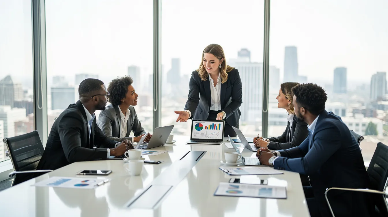A diverse team of professionals is collaborating around a conference table, actively discussing strategies related to human capital management and workforce data during a business meeting. The atmosphere is focused on enhancing productivity and achieving business objectives through effective HR processes and talent management.