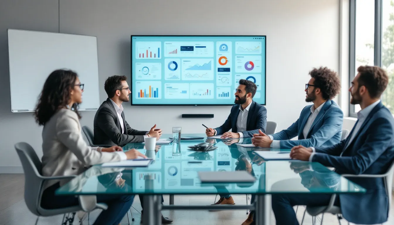 In the image, a group of business professionals is engaged in a meeting room, discussing data strategy while viewing charts and graphs on presentation screens. The atmosphere reflects a focus on data integration, data virtualization, and business intelligence, highlighting the importance of managing diverse data sources for optimized query execution and real-time analytics.
