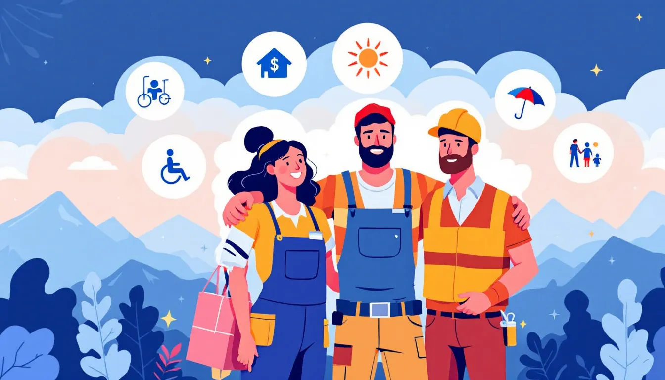 A vibrant illustration features workers from various professions, including a construction worker, nurse, office worker, and delivery driver, standing together in a supportive environment. Surrounding them are symbols of workers' compensation benefits, such as a stethoscope with a bandaged arm and a dollar sign in a hand, set against a backdrop of Colorado's majestic mountains, emphasizing the importance of workers' compensation for injured workers.