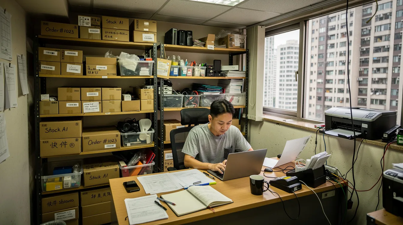 一位小企業主在香港緊湊辦公室的桌前專注工作，背景架上擺滿存貨，反映中小企繁忙環境，強調高效工作空間管理對企業成功的重要性。