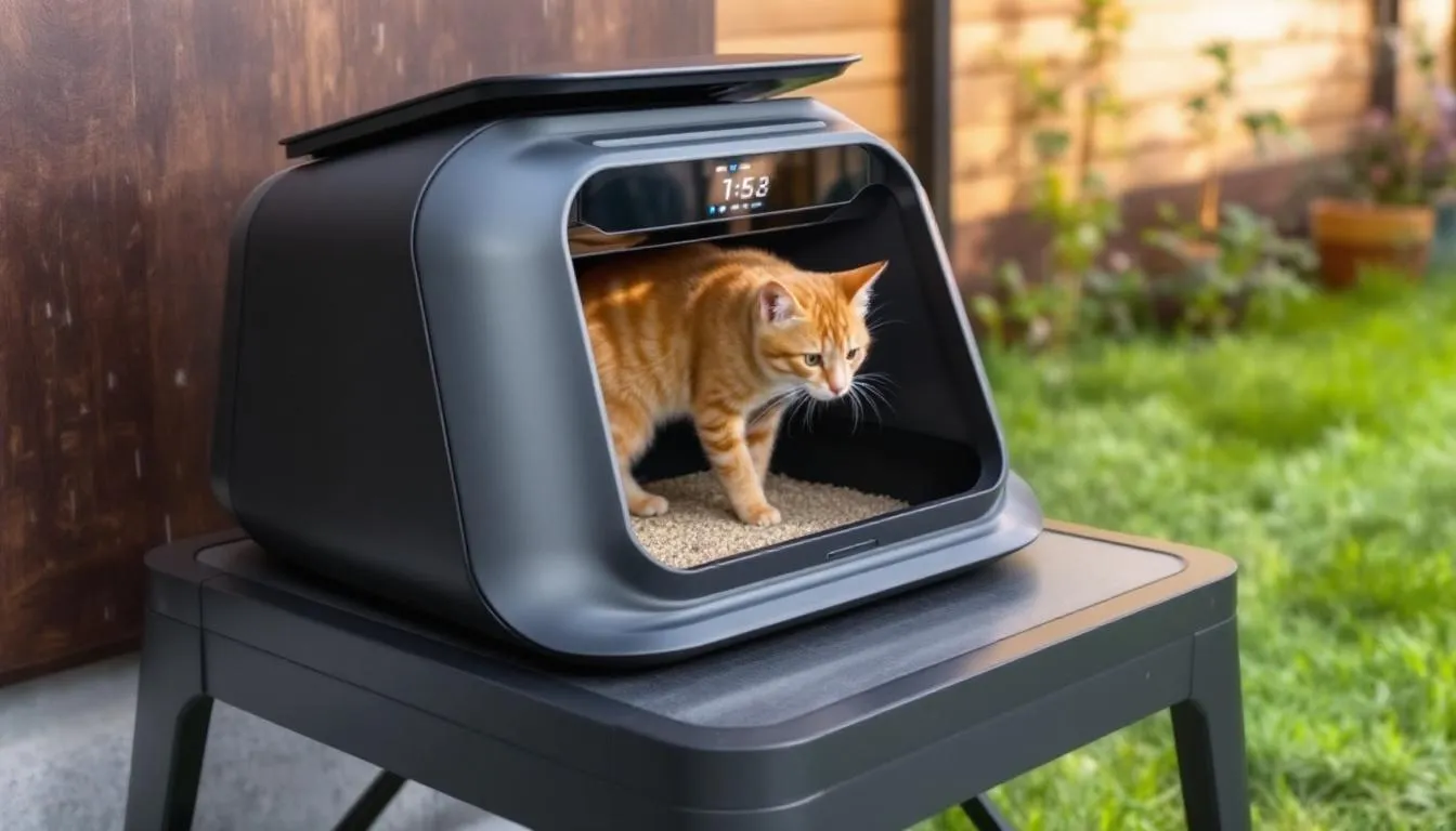 Een geavanceerde automatische kattenbak voor buiten, het Ferplast kattentoilet Cosmic Outdoor, met een waterdichte plastic kap en een gebruiksvriendelijke smartphone app interface. De kattenbak heeft een elegante uitstraling en biedt voldoende ruimte voor grote kattenrassen, met een diepere schaal en een grote opening voor eenvoudig gebruik.