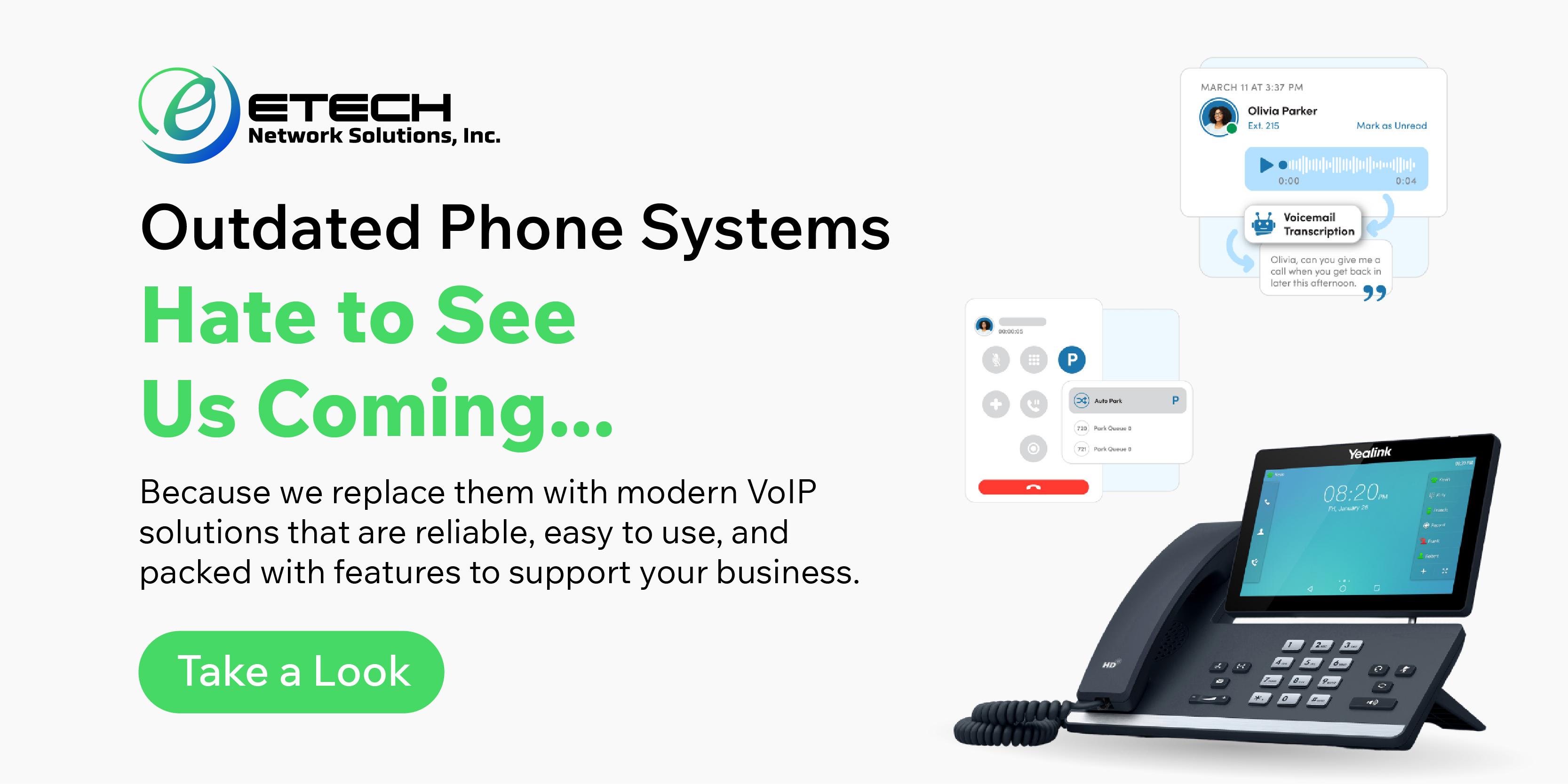 eTech banner promoting services. Conveys theirs as the best business phone system over GoTo connect and others. 
