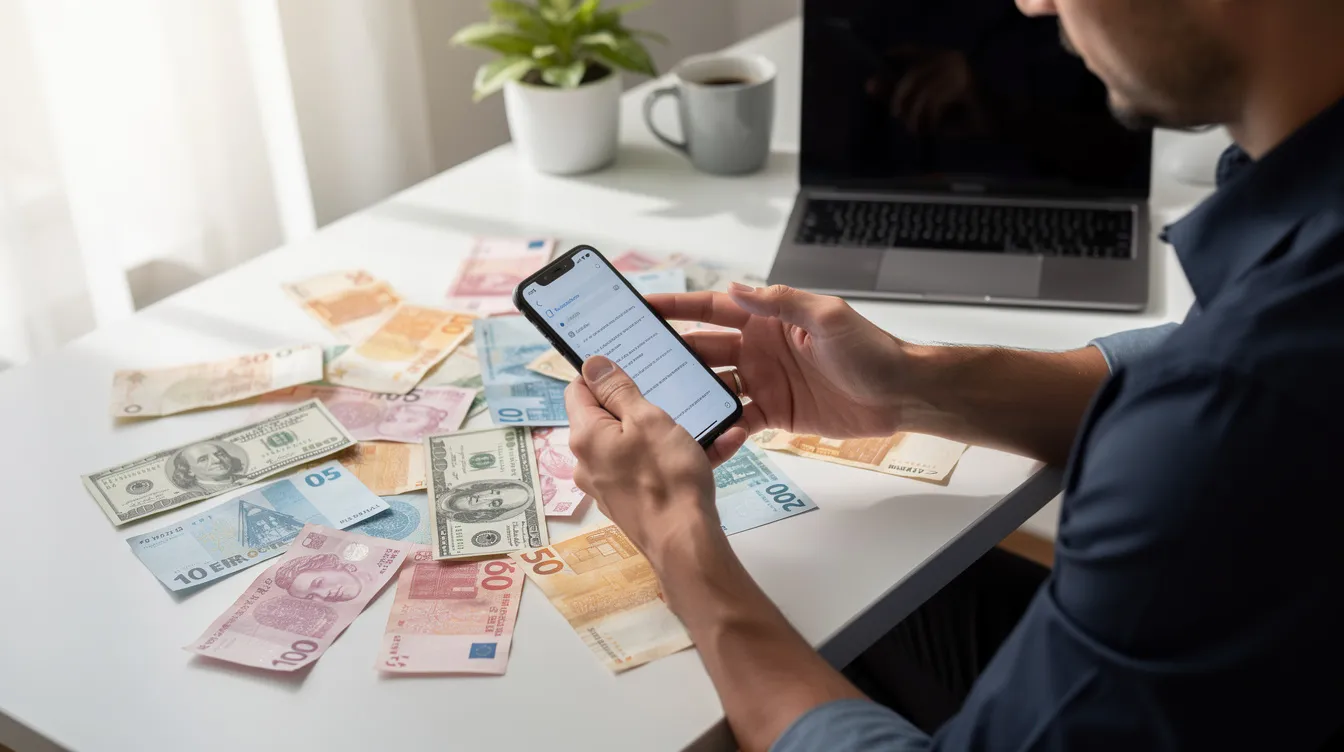 The image shows a person sitting at a desk, using a smartphone while surrounded by currency notes from various countries, highlighting the theme of transferring money across different financial institutions. This scene reflects the global nature of finance and the importance of managing accounts for financial stability.
