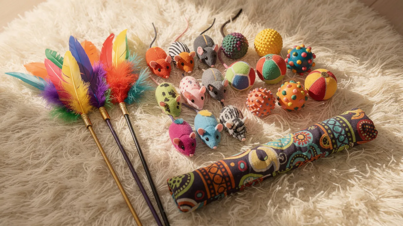 A vibrant collection of cat toys is displayed on a soft rug, featuring feather wands, plush mice, colorful balls, and a kicker toy, all designed to keep cats entertained and engaged during playtime. These interactive cat toys cater to various play styles, making them perfect for both solo play and multi-cat households.