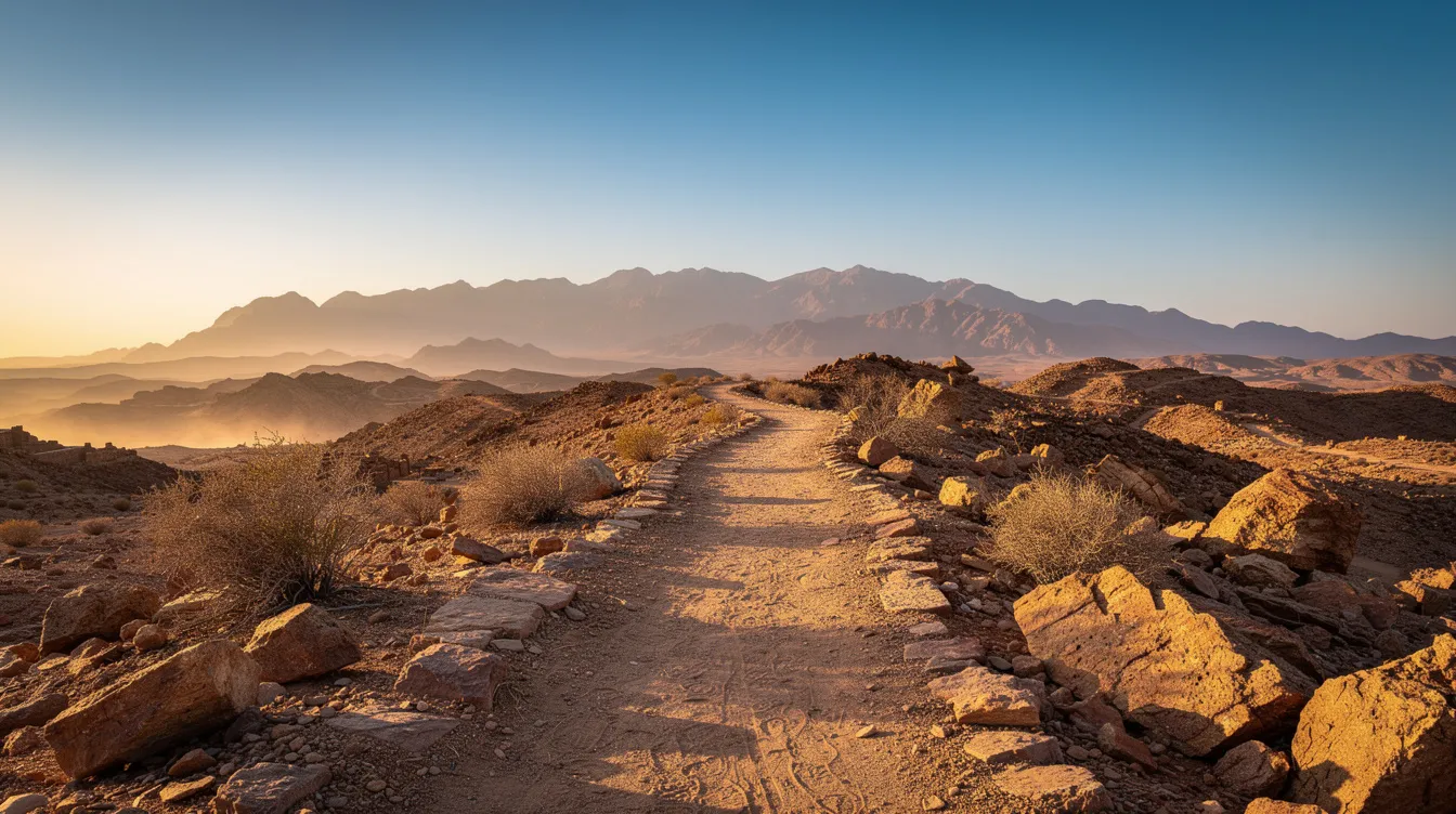 The image depicts an ancient desert path winding through rocky terrain, leading toward distant mountains that evoke a sense of adventure and exploration. This scene invites travelers to imagine their own journey, connecting with the history and culture of the land as they discover the beauty of the natural world.