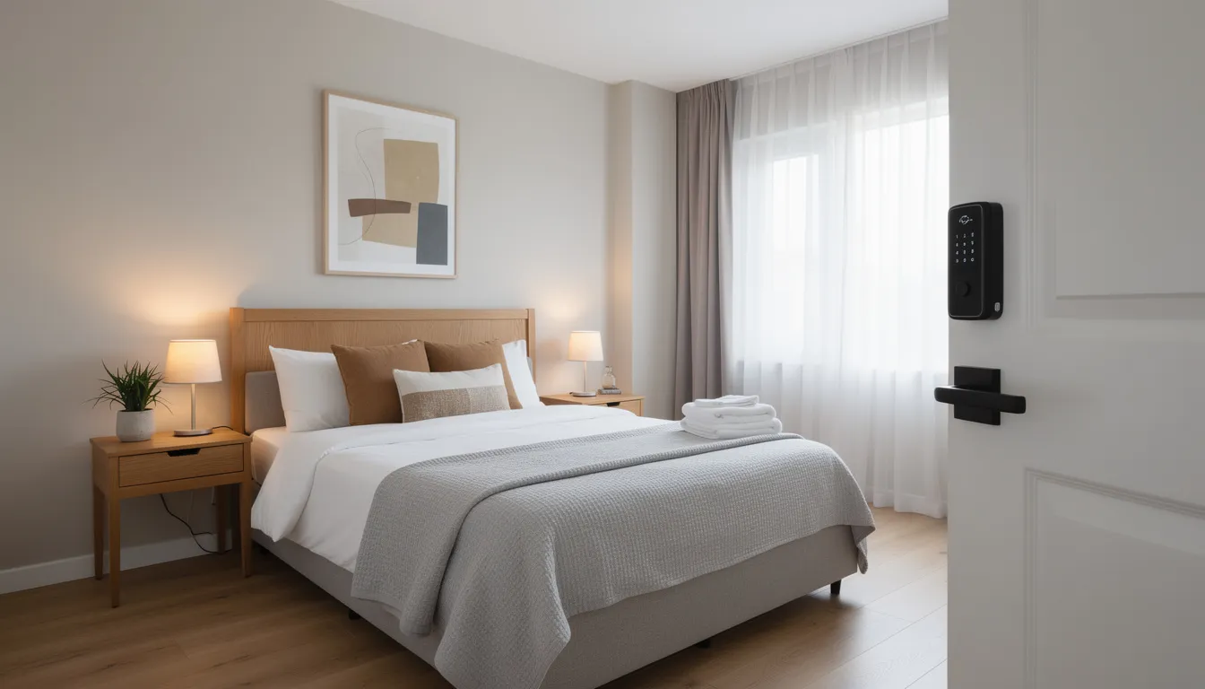 The image depicts a well-furnished Airbnb bedroom featuring modern decor, with a smart lock prominently visible on the door, suggesting a focus on guest security and convenience for short term rentals. This inviting space highlights the potential of an Airbnb investment property, appealing to both vacation travelers and business guests alike.