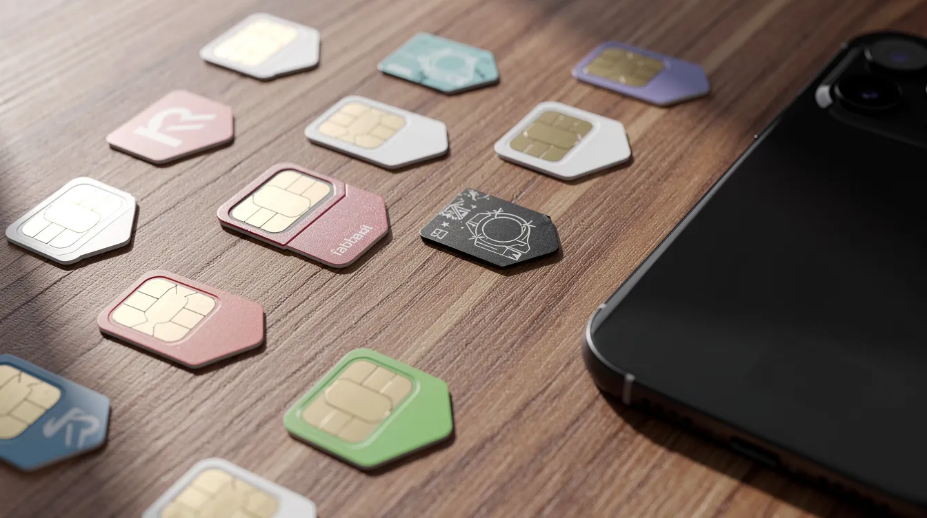 Auf einem Holztisch liegen verschiedene SIM-Karten, darunter Prepaid- und Wertkarten, neben einem Smartphone. Diese Karten bieten unterschiedliche Handytarife und Internetmöglichkeiten für Nutzer in Österreich, ideal für Urlauber oder Neukunden.