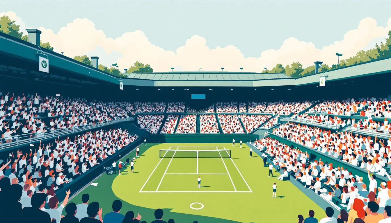 A view of centre court during a Wimbledon match, showcasing the vibrant atmosphere and crowd.