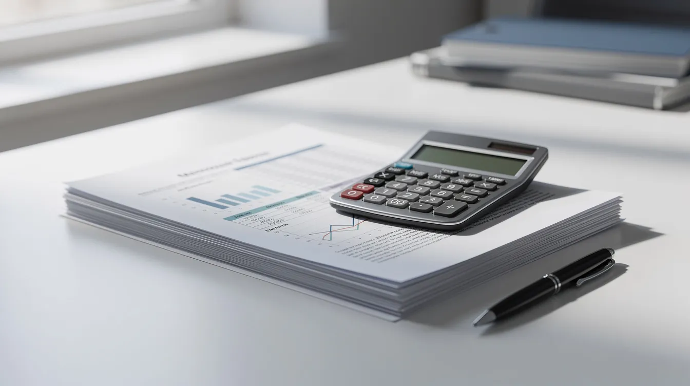 The image depicts a cluttered office desk featuring a stack of business documents alongside a calculator, symbolizing the financial planning and support for 中小企業. This setup reflects the essential tools used for managing the information and plans of 中小企業 的 operations.