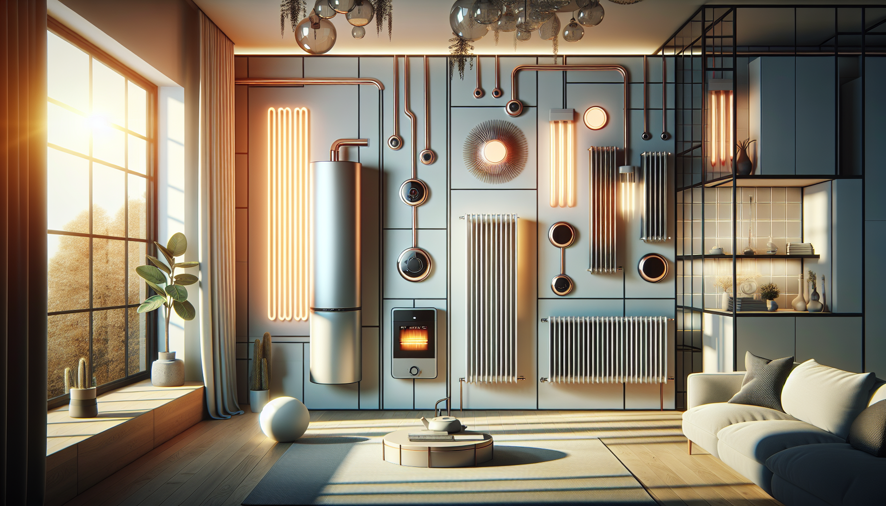 An illustration showcasing different types of electric heating systems such as electric boilers and infrared panels.