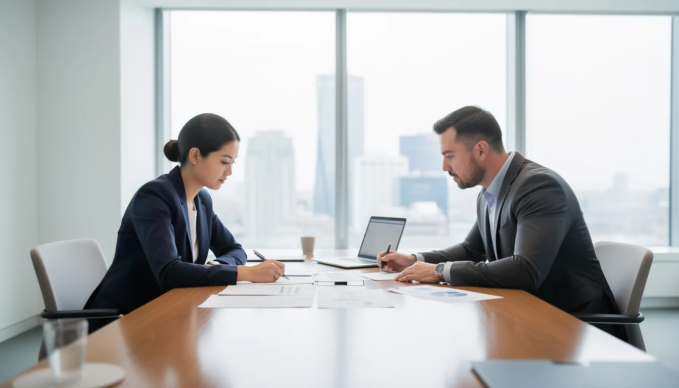 In a modern office setting, two professionals are engaged in a meeting, reviewing documents related to a personal injury lawsuit. The atmosphere is focused and collaborative, as they discuss important details that may pertain to medical expenses and legal strategies for seeking fair compensation for the injured party.
