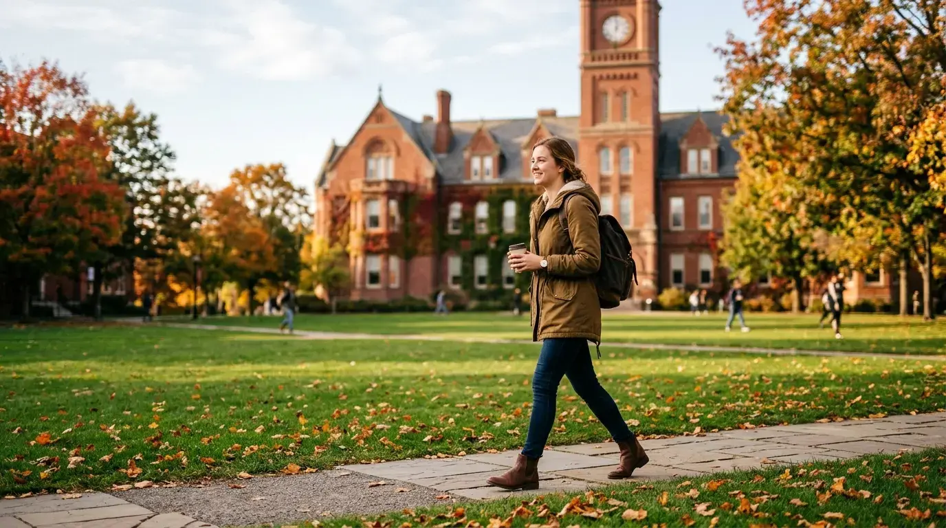 International student walking across a university lawn in autumn with a red-brick building behind