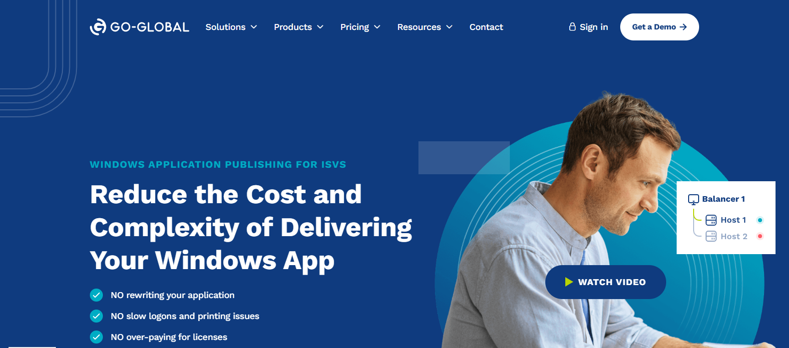 GO-Global homepage promoting Windows application publishing, secure remote application delivery, and cost-effective virtual desktop solutions for businesses.