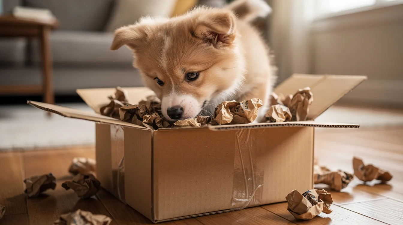 A young puppy is curiously sniffing and exploring a cardboard box filled with crinkled paper on the living room floor, engaging in natural behaviors that provide mental stimulation and enrichment activities. This playful scene showcases the dog's instinctual hunting skills and offers opportunities for physical exercise and problem-solving.