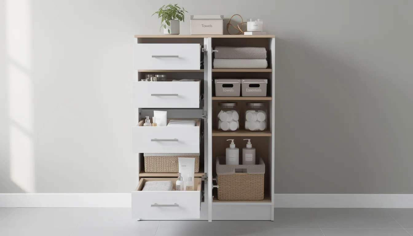 Bathroom Remodeling Ideas: 75+ Ways to Upgrade Your Space in 2026 4 The image features a stylish bathroom storage cabinet with organized drawers and built-in shelving, designed to maximize space and functionality in a small bathroom. Natural light highlights the sleek finishes and gold fixtures, making it a key element in modern bathroom designs.