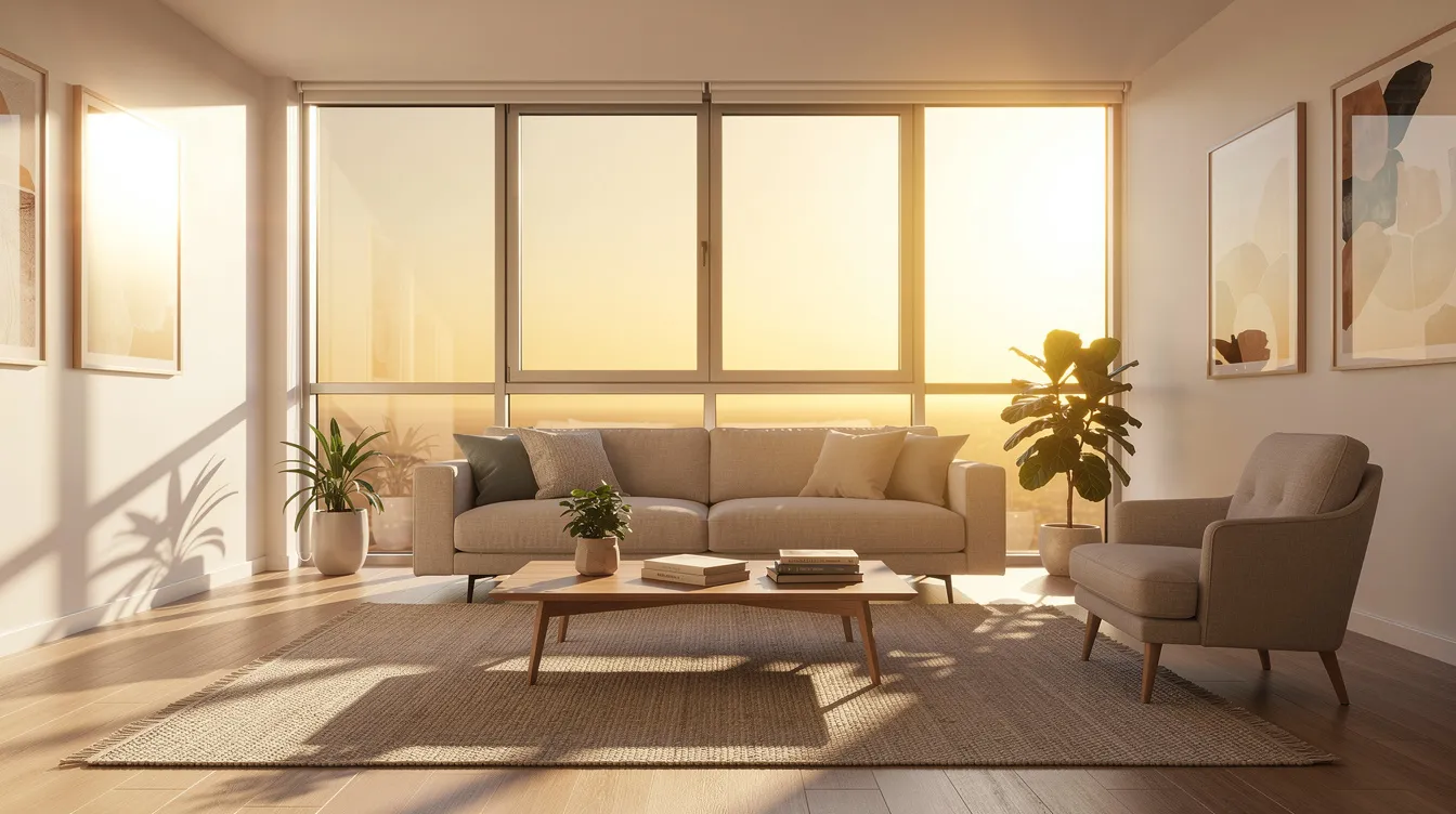 The image depicts a sunlit living room with large, tinted windows that allow warm afternoon light to filter through, creating a cozy atmosphere. The absence of curtains or blinds highlights the natural light while providing protection against harmful UV rays and reducing glare, contributing to energy efficiency and comfort in the space.