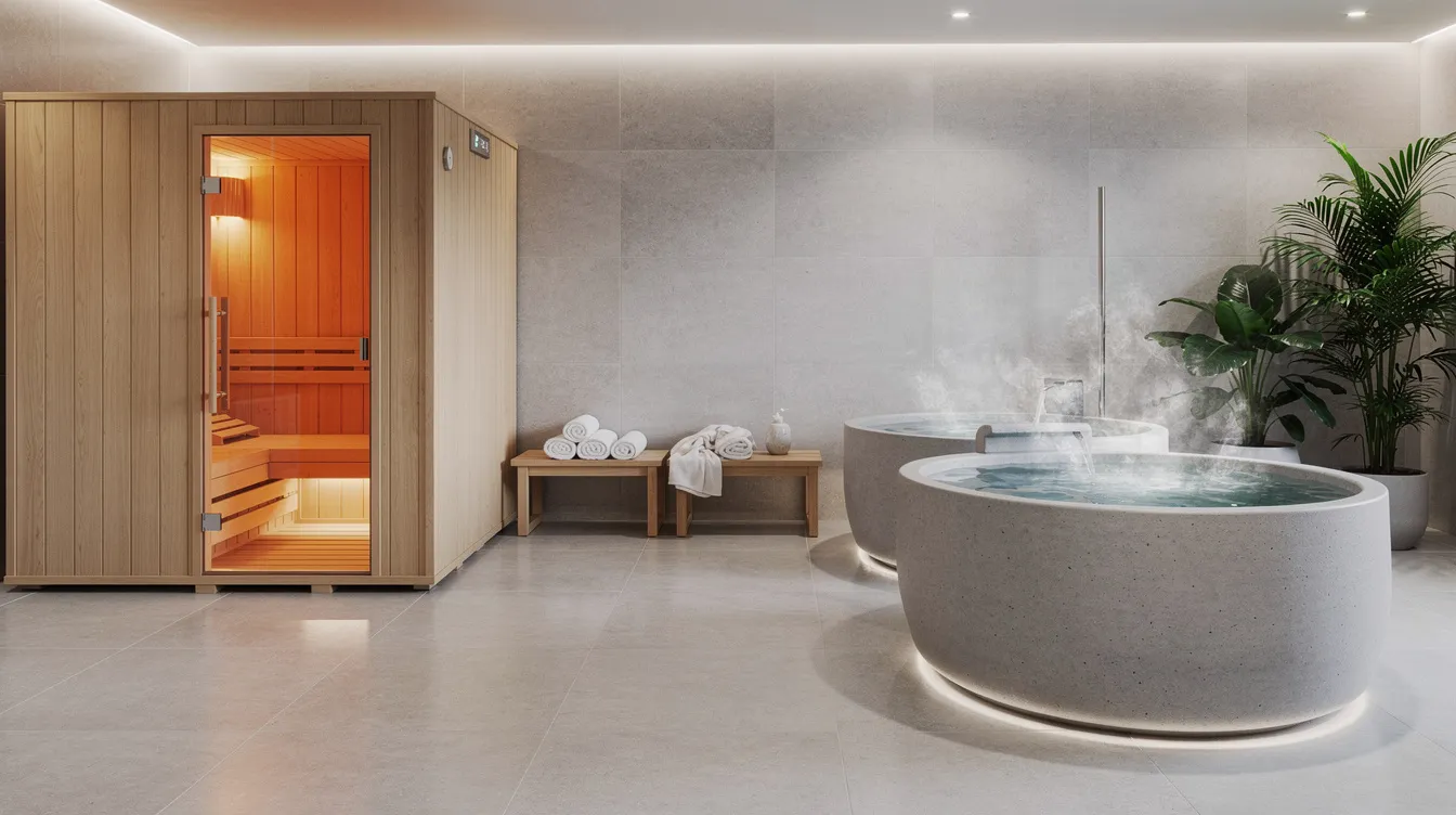 The image depicts a modern wellness facility recovery room featuring both a sauna and cold plunge tubs, designed for heat therapy and muscle recovery. The serene environment promotes relaxation and offers therapeutic benefits, such as improved circulation and relief from joint pain and muscle soreness.
