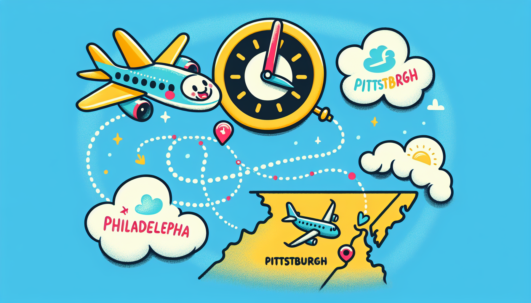 An illustration showing the flight time from Philadelphia to Pittsburgh.