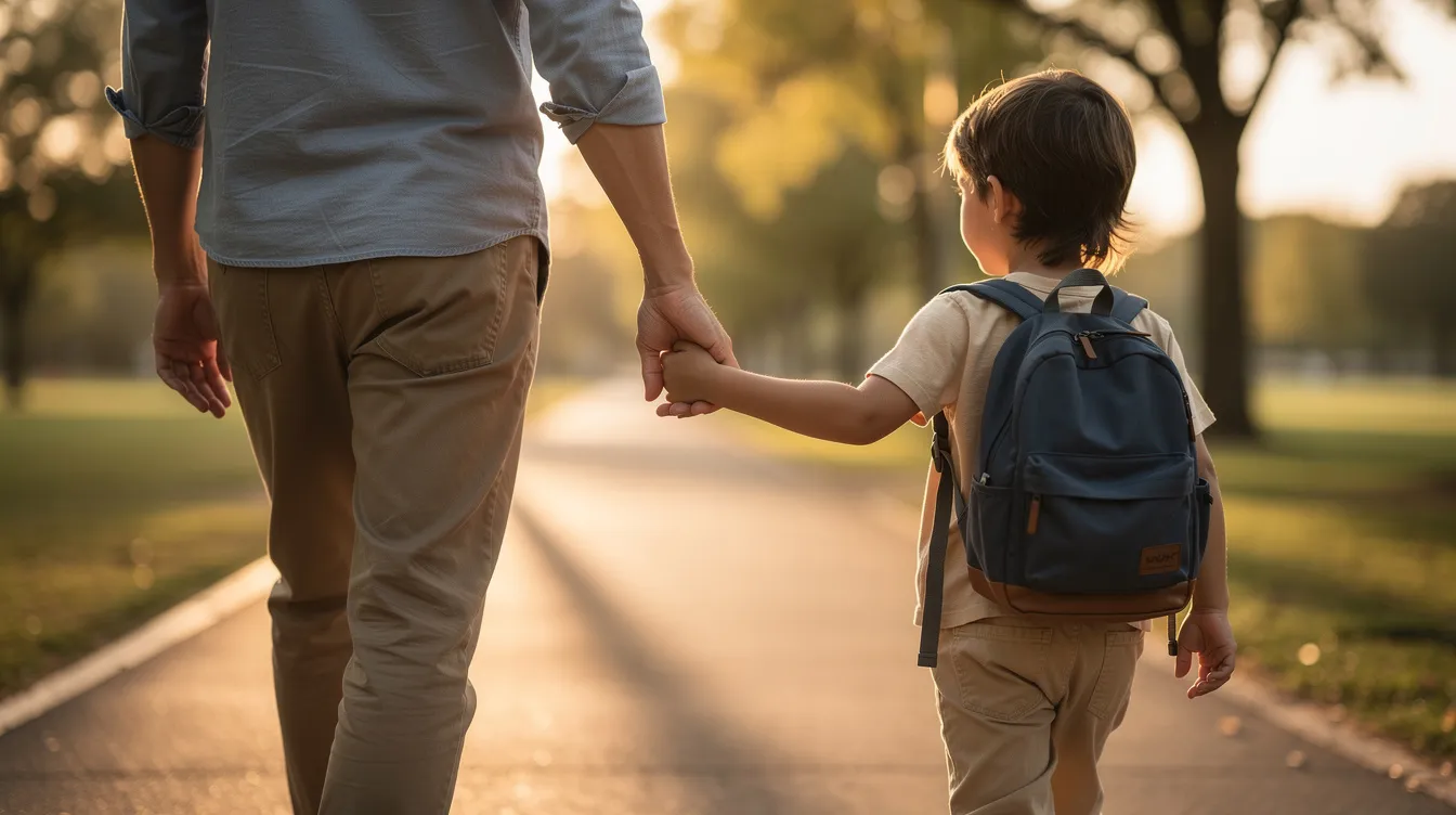 A parent is gently holding a child's hand while walking outdoors, representing stability and care for the child's best interests amidst the complexities of family dynamics, such as child custody and the emotional impacts of divorce. This image symbolizes the importance of parental support in navigating challenges like no fault divorce and the potential effects of marital misconduct.