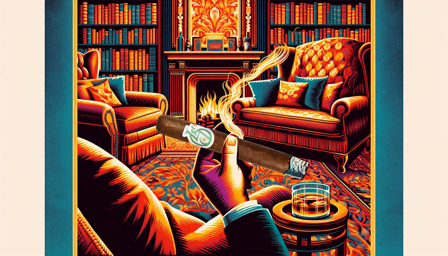 A vibrant illustration of a Los Statos Deluxe Gigante cigar being enjoyed during a long smoking session.