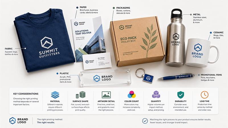 Different printing methods for fabric paper packaging metal ceramic plastic and promotional products