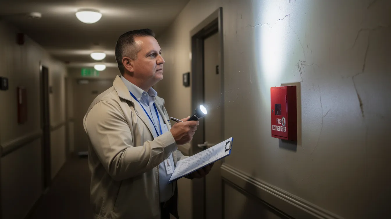 The image shows a property manager conducting a thorough building inspection, equipped with a clipboard and flashlight, highlighting the importance of effective property management in maintaining property value and ensuring tenant satisfaction. This proactive approach helps property owners address potential risks and uphold compliance with building codes and regulations.