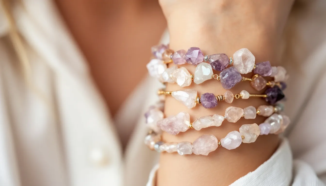 The image showcases a collection of beautifully crafted crystal bracelets stacked and layered on a wrist, highlighting their unique colors and textures. Each bracelet adds a touch of beauty and style, making them a perfect fit for any outfit or a thoughtful gift for a friend.