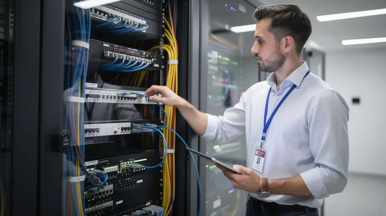 An IT professional is inspecting network cabling and switches within a server cabinet, ensuring optimal performance for connected devices. This setup is crucial for maintaining high internet speeds and reliable internet connections for business operations, especially during video calls and online gaming.