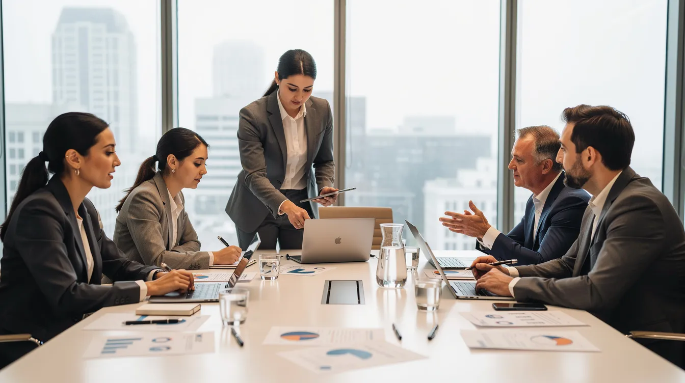 The image depicts a diverse group of professionals engaged in a collaborative discussion around a modern conference table, emphasizing teamwork in a contemporary office environment. This scene reflects the importance of effective communication and planning, essential for navigating processes such as employment permits and immigration services in Ireland.