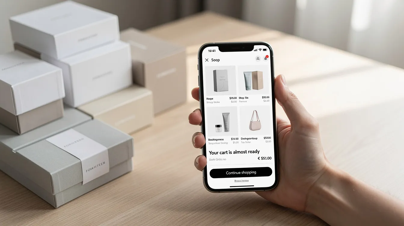 An online shopper is viewing a clean cart drawer on their smartphone, which is placed beside product packaging, showcasing the streamlined design and user-friendly layout that enhances the shopping experience. The image highlights the importance of optimized cart features for higher conversions in growing stores.