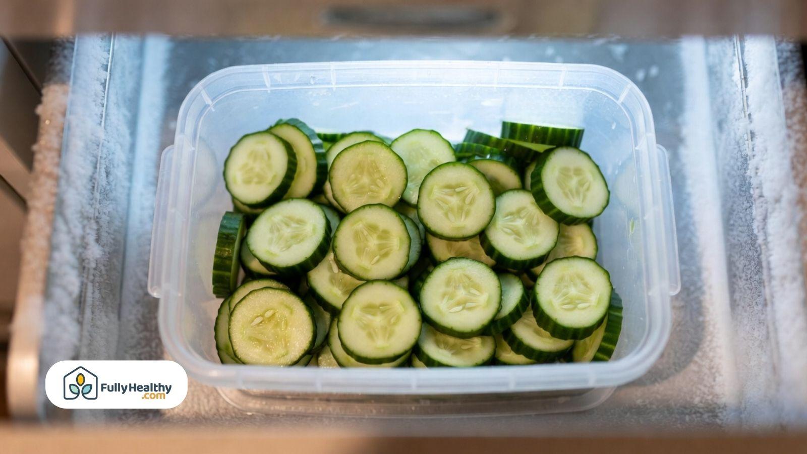 Sliced cucumber rounds stored in a plastic container inside a freezer drawer.