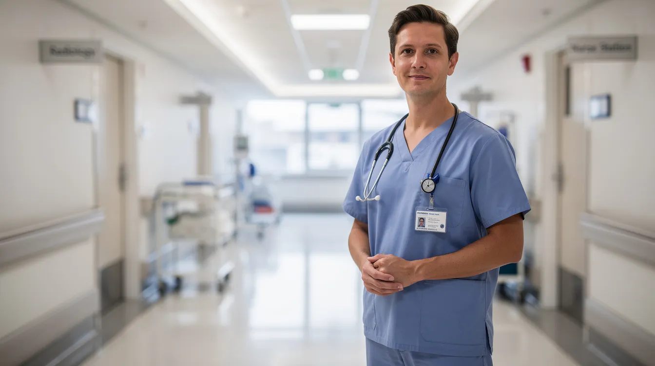 The image shows a healthcare professional in a hospital corridor, wearing scrubs and a stethoscope, as they walk past medical equipment and patient rooms. This scene reflects the essential role of healthcare workers in providing support and care, similar to the guidance needed for processes like the UK visa application for individuals from the Philippines.