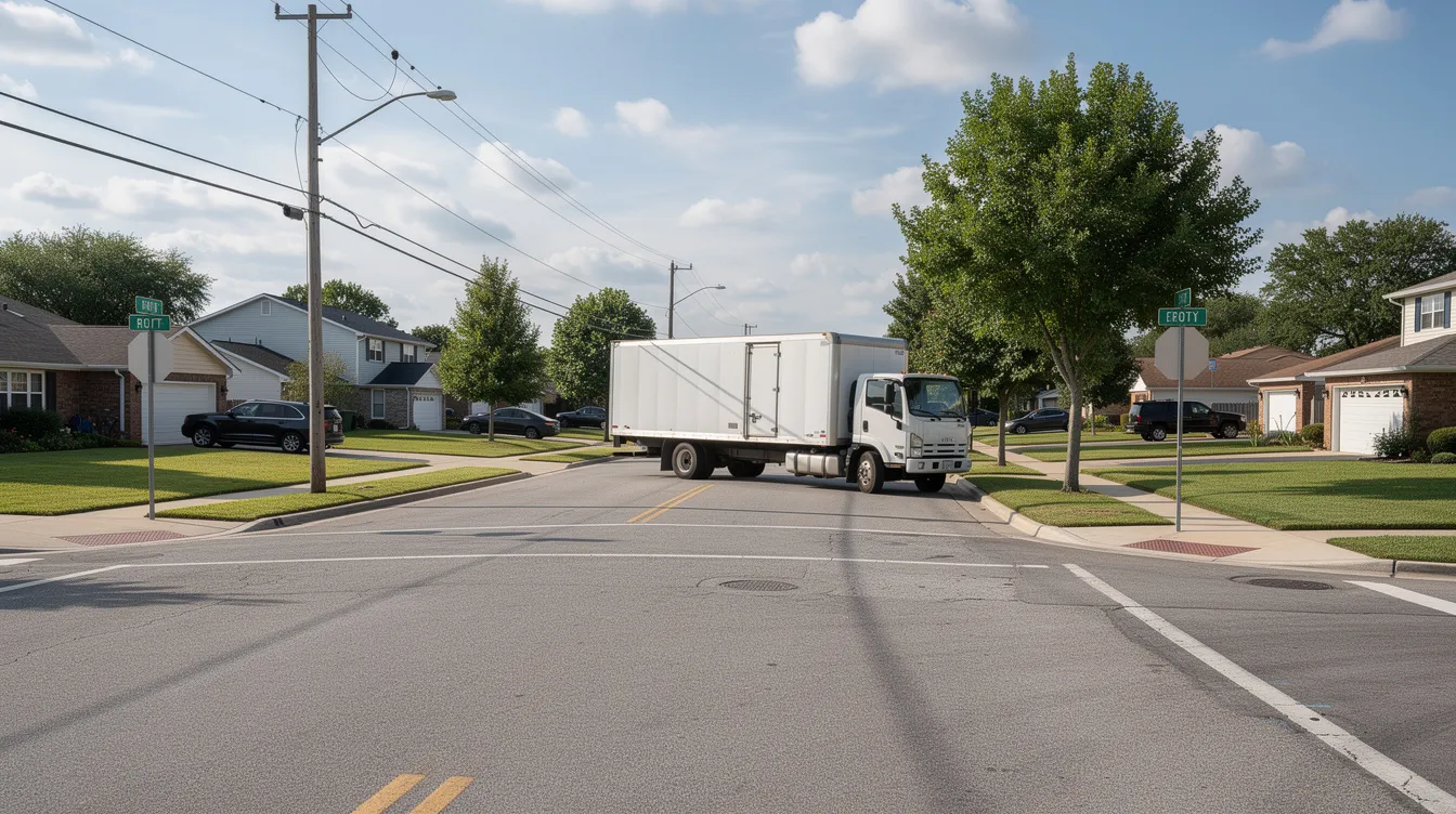 The image shows a residential suburban street where a large delivery truck is parked near an intersection, highlighting the potential for truck accidents in such areas. This scene serves as a reminder of the importance of experienced truck accident lawyers who can assist truck accident victims in navigating the legal complexities and pursuing fair compensation for serious injuries.