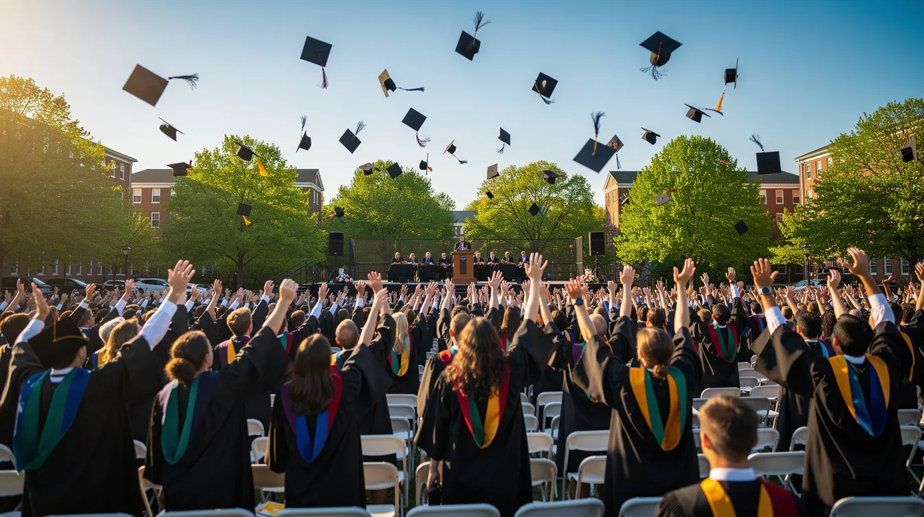 The image captures a joyful outdoor graduation ceremony where graduates are tossing their caps into the air, symbolizing their achievements. The scene reflects an important moment of celebration, with students dressed in gowns of various colors, including navy blue and burgundy, showcasing their accomplishments.