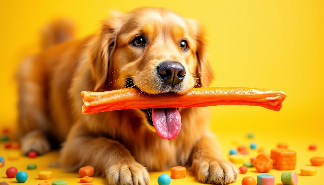 A dog chewing on a bully stick, promoting dental health.