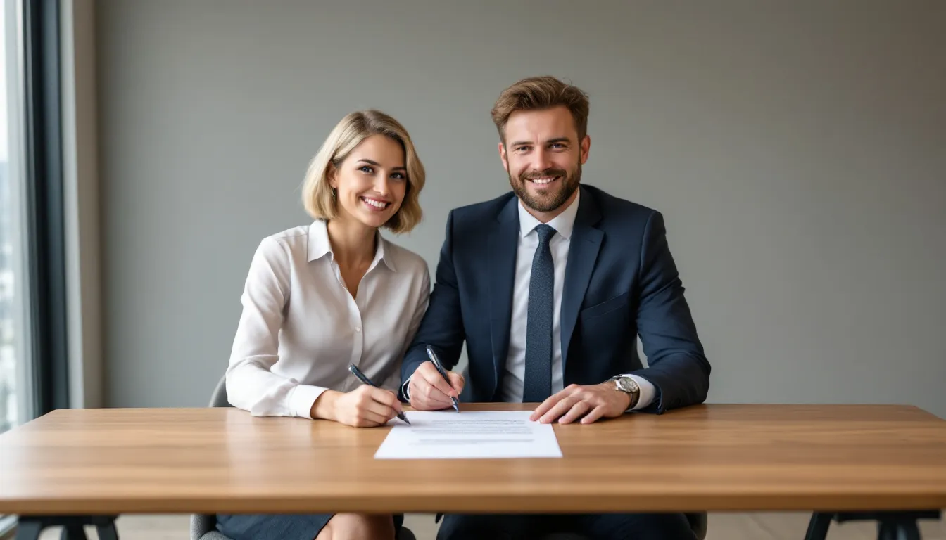 Dienst und vereinbarte Vergütung: Zwei Personen unterzeichnen einen freien Dienstvertrag mit vereinbarter Vergütung – Symbolbild für flexible Dienstleistungsverhältnisse.“