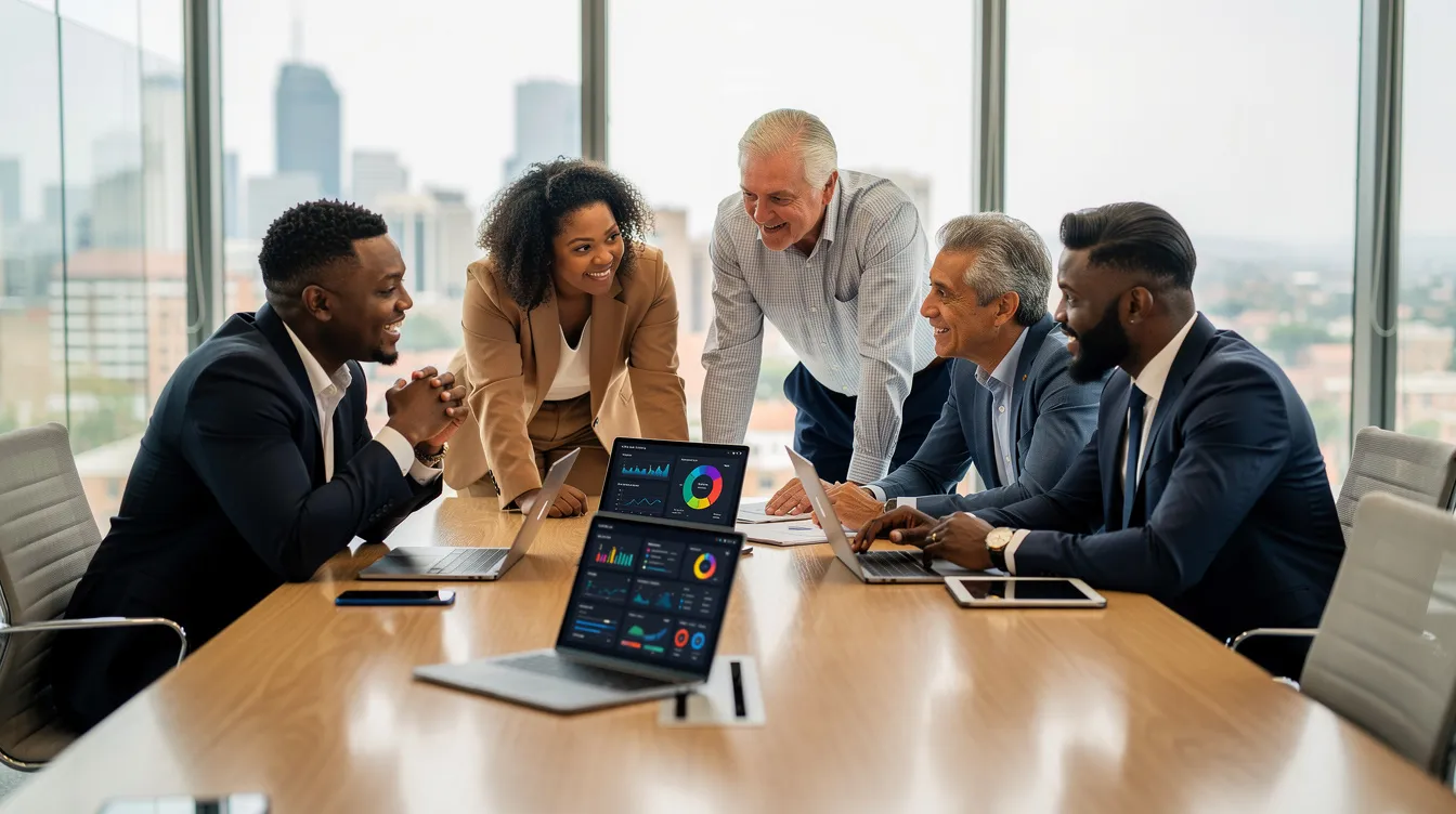 A South African business team collaborates around laptops and tablets, engaging in real-time discussions while taking notes and sharing ideas. They utilize digital note-taking apps like Microsoft OneNote to organize meeting details and agendas, enhancing productivity across multiple devices.