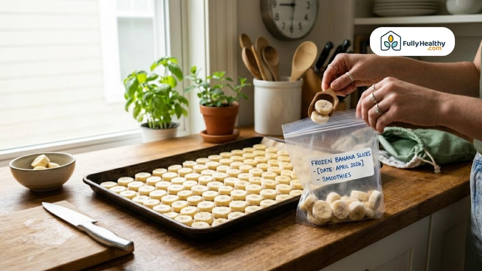 Person placing frozen banana slices into labeled freezer storage bag