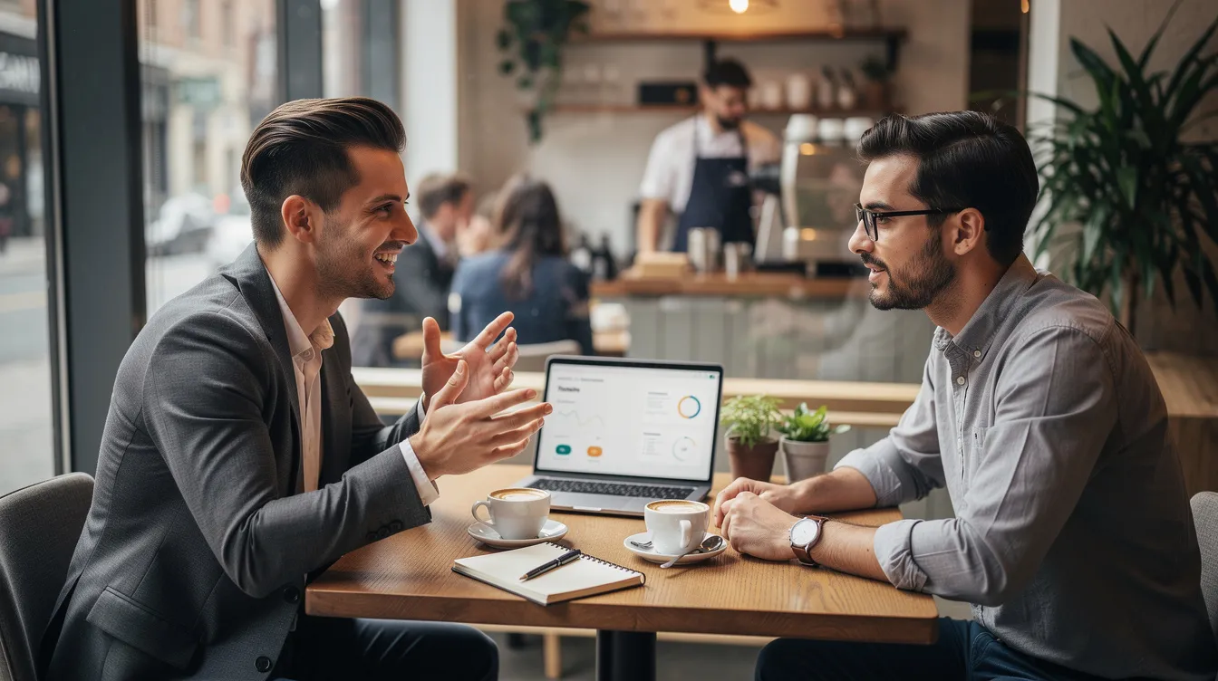 The image depicts two professionals, likely college or graduate students, engaged in a casual conversation at a coffee shop, with their laptops open on the table, suggesting they may be discussing cybersecurity internship opportunities or technical skills related to computer science. The relaxed atmosphere indicates a blend of networking and collaboration, essential for developing foundational skills in the field of cybersecurity.