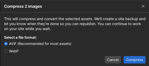 Webflow image compression dialog showing options to compress two images, select AVIF or WebP format, and buttons to cancel or start compression.